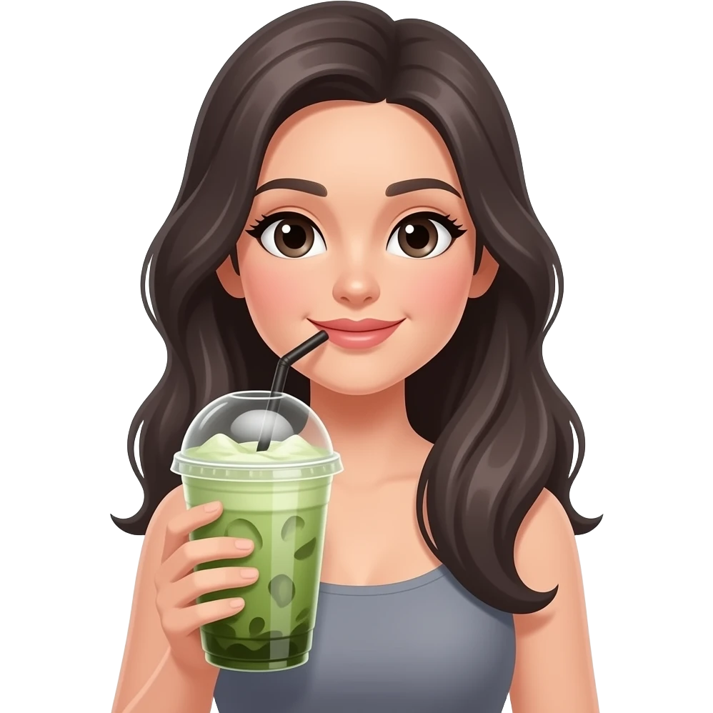 darkgray haired beautiful woman with a large iced matcha emoji