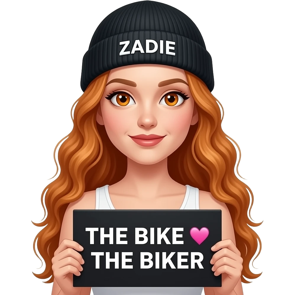 sexy girl with overlong wavy ginger hair and ginger eyes wearing a white tanktop and a black beanie with ZADIE written on it, is holding a black sign with THE BIKE 💗 THE BIKER written on it emoji