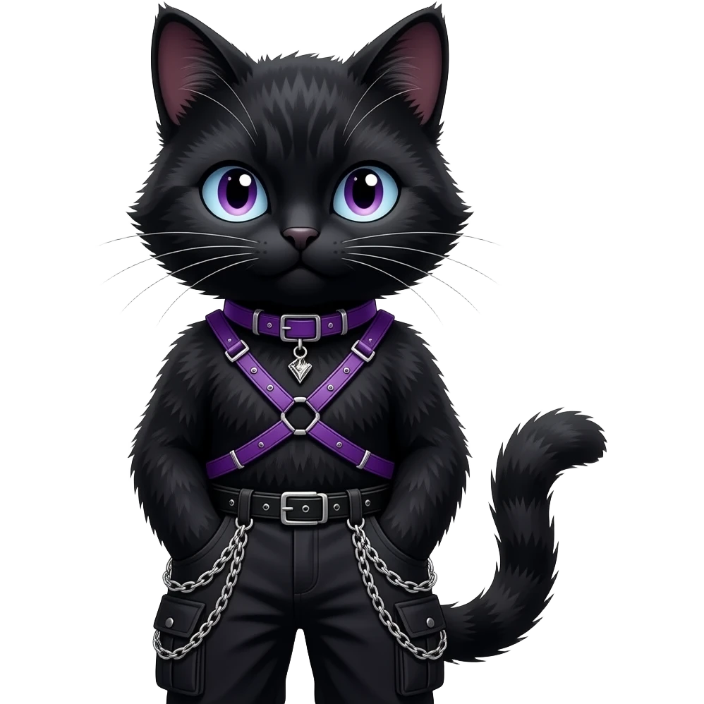 Gorgeous furry gothic dark techwear anime style anthro black cat furry sona Fakemon with blushing face aesthetic and pretty edgy black with violet collar and harness trending style chains cargo pants tomboy emoji