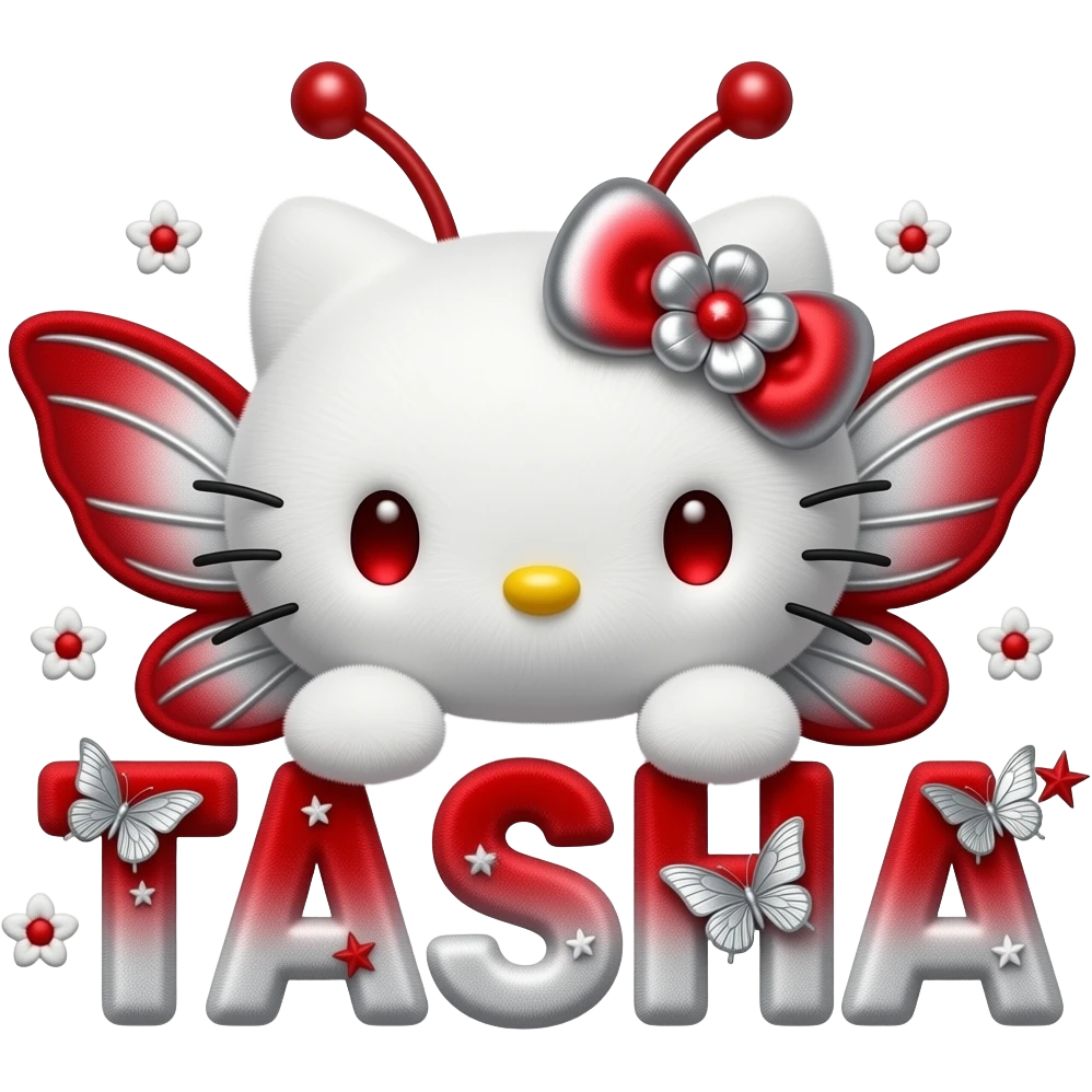 White velvety fur 3D hello kitty head, red eyes, red silver ombre 3D ...