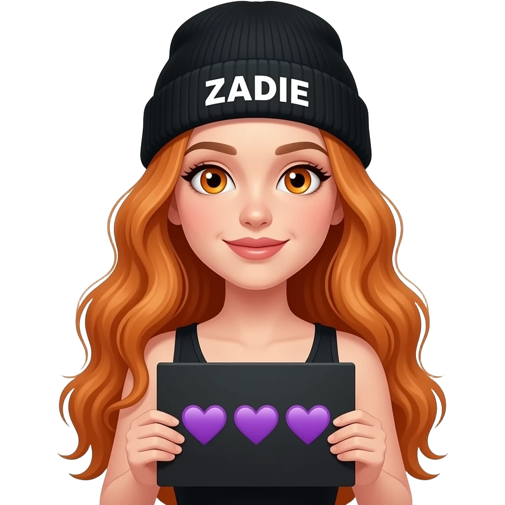 sexy girl with overlong wavy ginger hair and ginger eyes wearing a black tanktop and a black beanie with ZADIE written on it, is holding a black sign with 💜💜💜 on it emoji