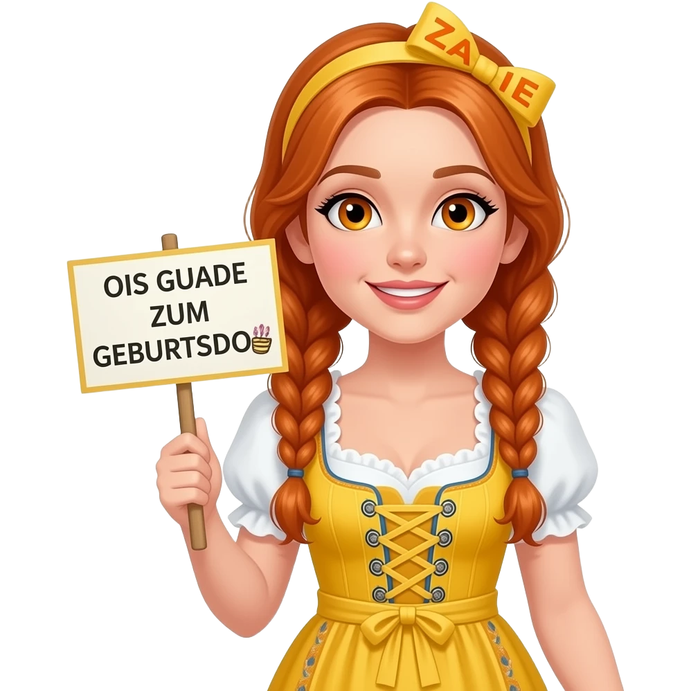 sexy girl with overlong ginger braids and ginger eyes wearing a yellow dirndl and a yellow headband with ZADIE written on it, is holding a sign with OIS GUADE ZUM GEBURTSDOG 🎂 written on it emoji