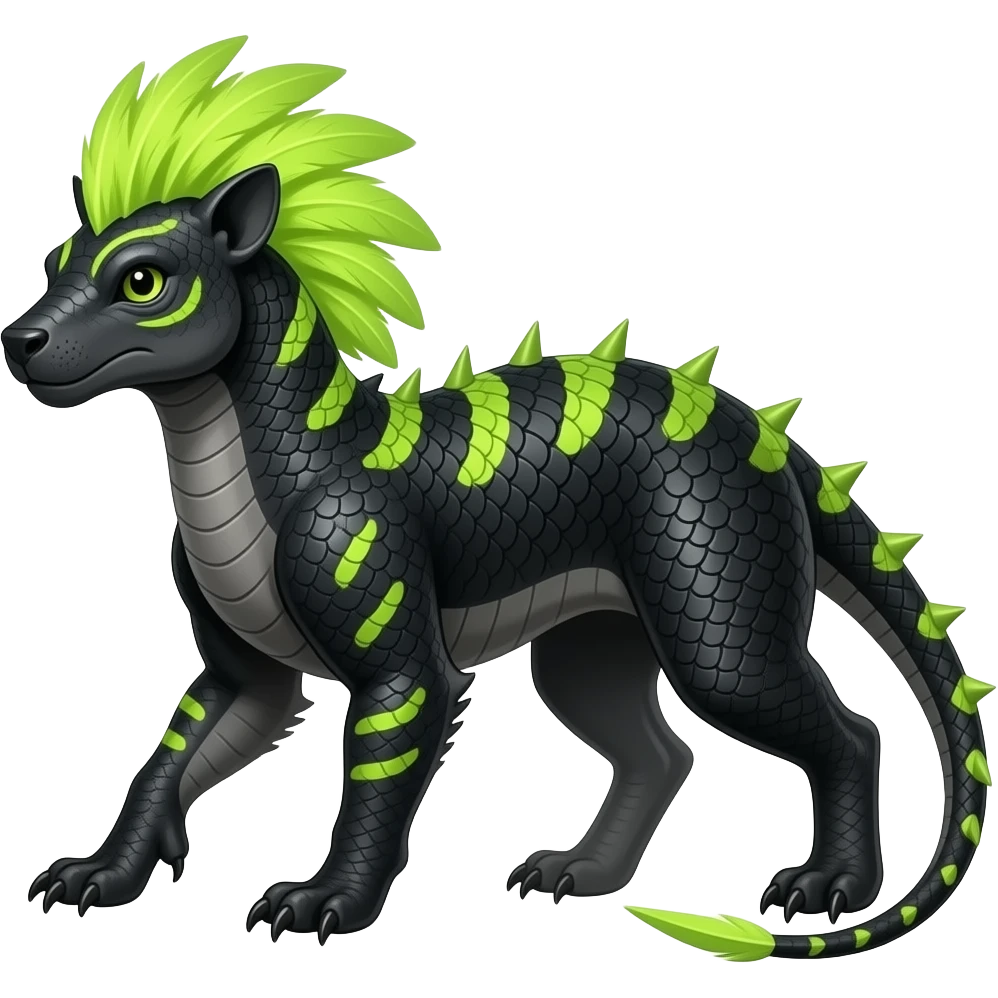 Cool edgy ancient black-scaled with neon-colored stripe markings digitigrade bipedal vintage futuristic raptorik fantasy-Cyberpunk-Steampunk-Solarpunk-Genesect-Salamence-Cyclizar-Salazzle-Feraligatr-Fakémon-animal-hybrid, with neon feather-mane, and a tail blade, back spikes, full body emoji