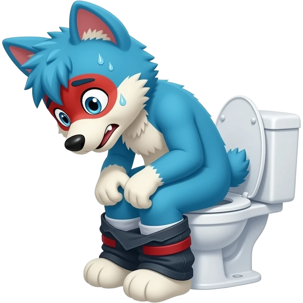 blue fursuit sitting on toilet, side view , pants down, pushing, straining face,  uncomfortable, hands on toilet bowl , sweating, red face emoji