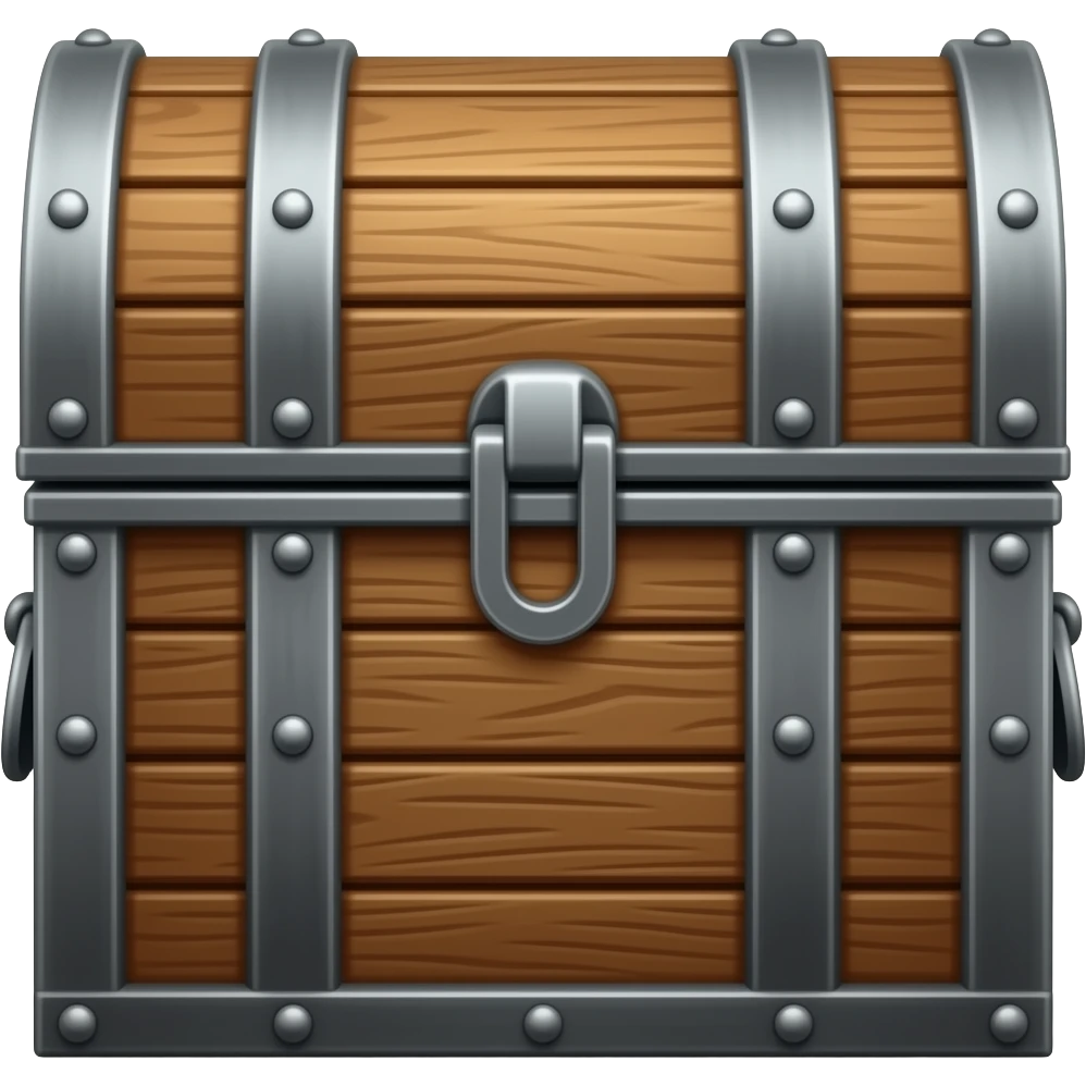 hyper-realistic, Plain looking battered wooden chest with iron straps, closed, facing forward emoji