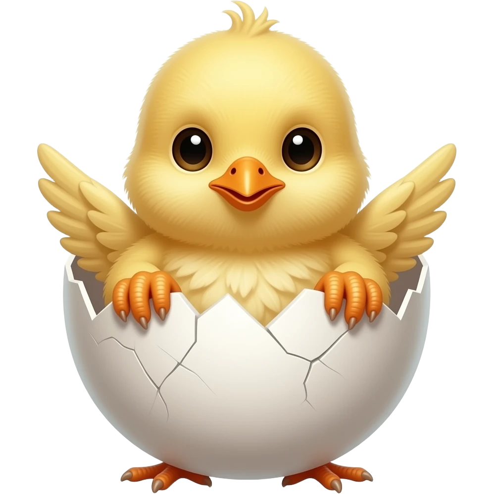 The chick sits in the shell of a broken egg, holding on with its wings, with its legs emoji