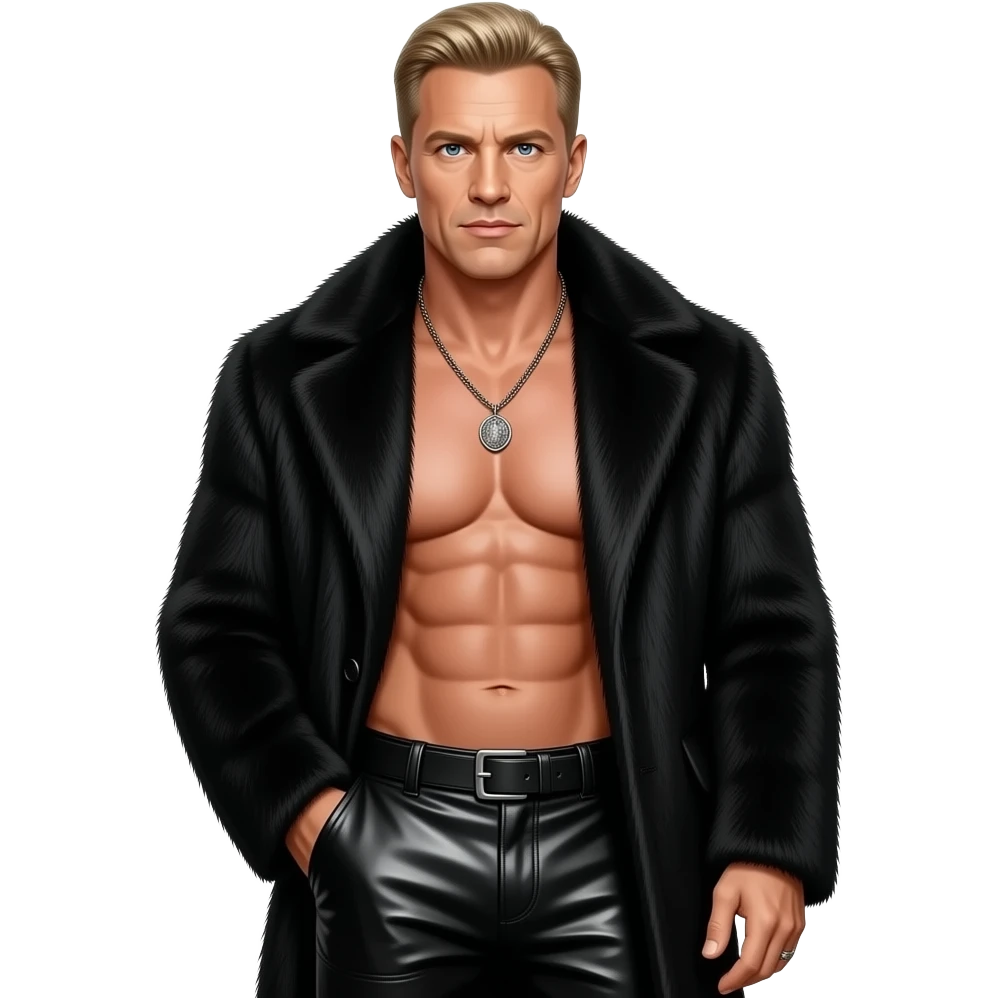 Dolph Lundgren with blue eyes, dirty blonde hair, black fur coat, black metallic baggy pants, shirtless with necklace emoji