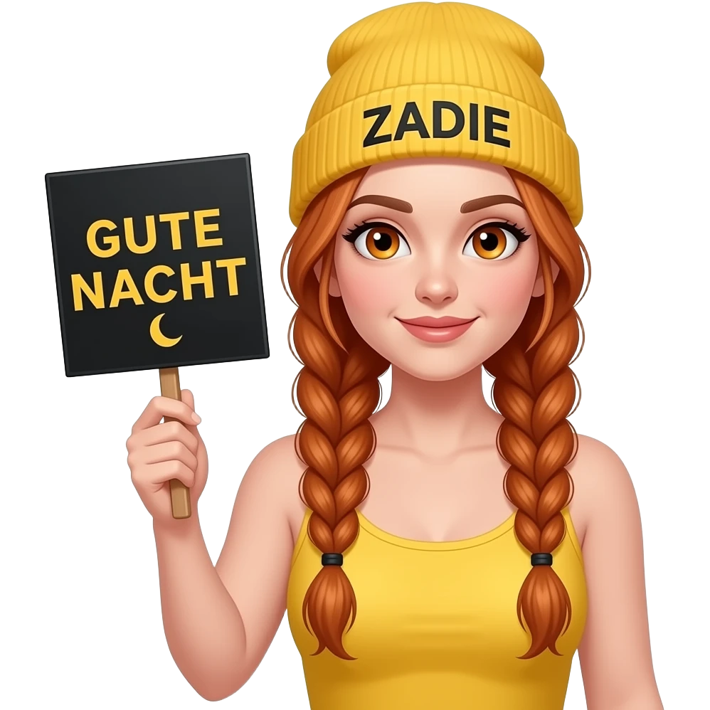sexy girl with overlong ginger braids and ginger eyes wearing a yellow tanktop and a yellow beanie with ZADIE written on it, is holding a black sign with GUTE NACHT 🌛 written on it emoji