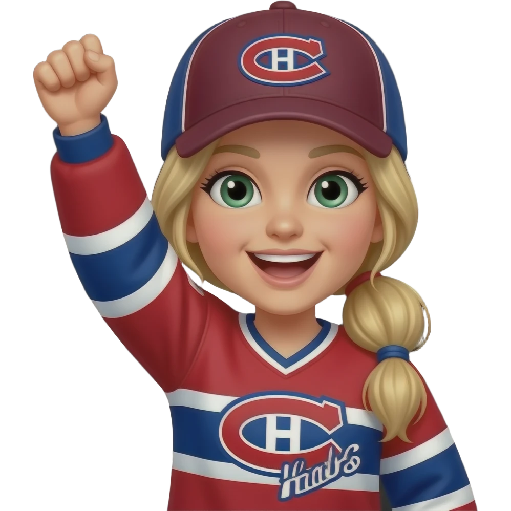 Green eyed Woman Cheering with arm in the air with blonde hair with pony tail, where Montreal Canadians cap and Go Habs Go written on jersey shirt. Put a black background emoji