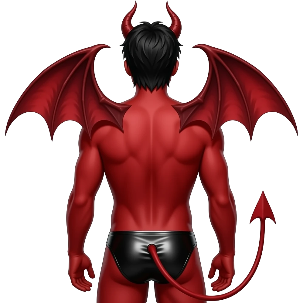 Lucifer from behind with red skin, black hair, black metallic loincloth emoji