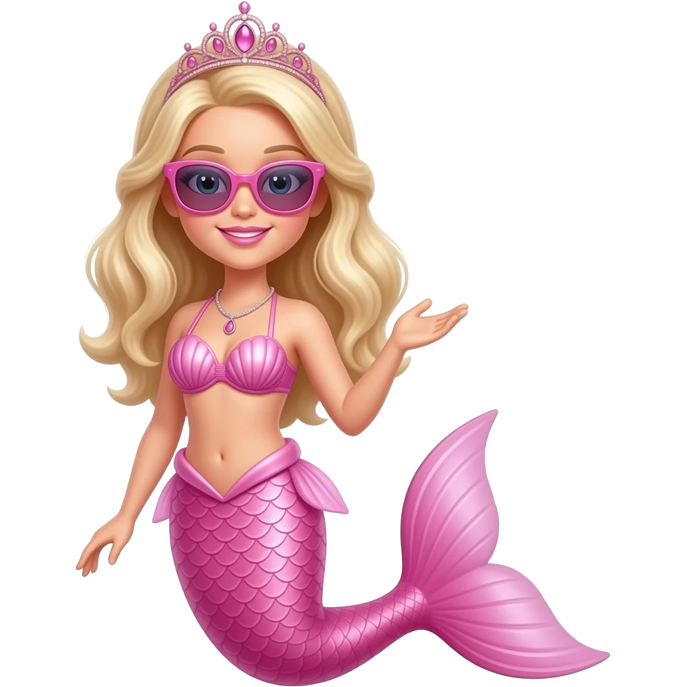Barbie merliah wearing a pink sunglasses a pink mermaid tail a pink Seashell bikini and a pink tiara emoji