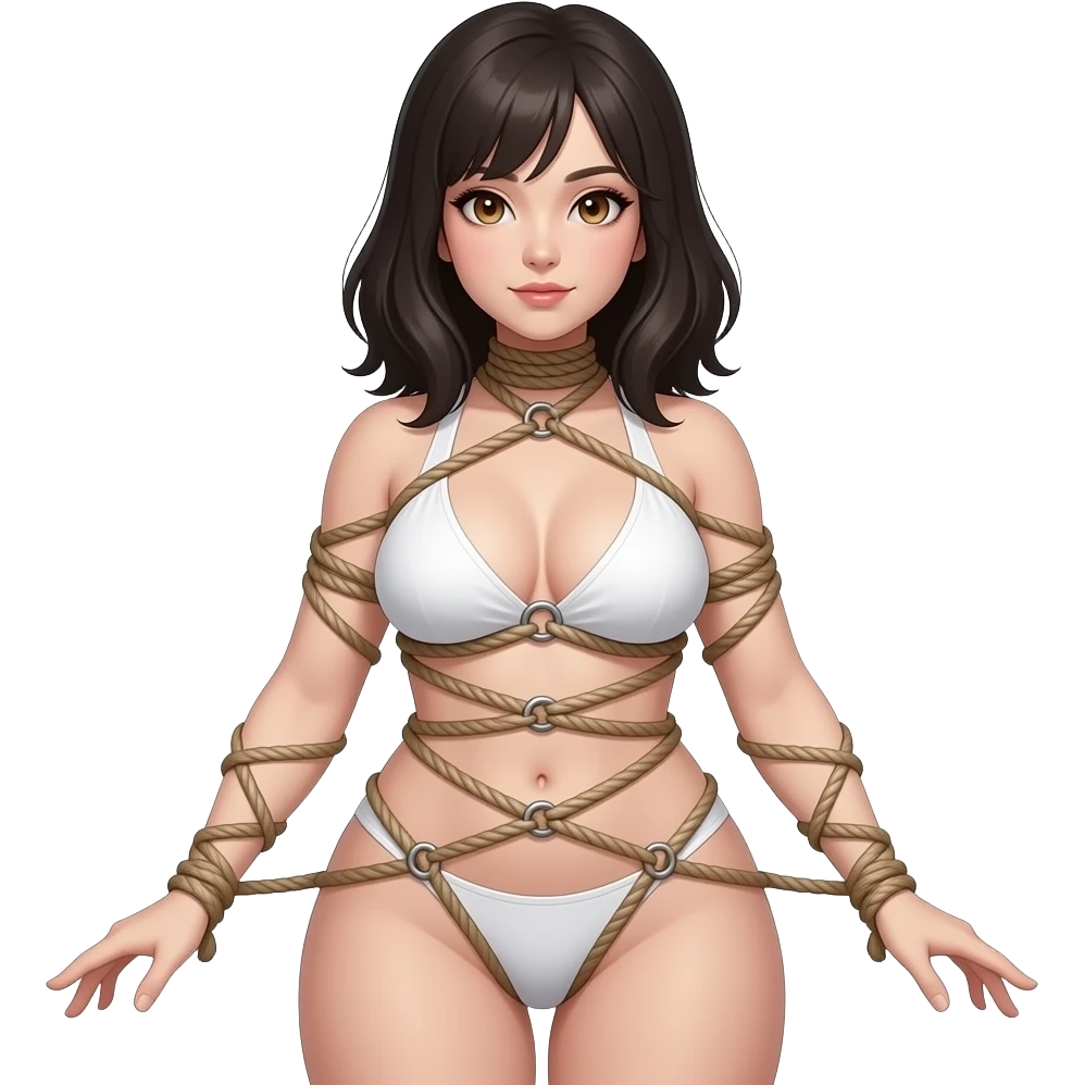 Submissive woman in shibari rope body harness, full body. White skin, chubby, halflong dark hair, hazel eyes. emoji