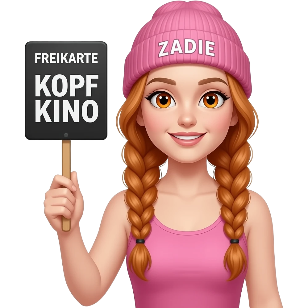 sexy girl with overlong ginger braids and ginger eyes wearing a pink tanktop and a pink beanie with ZADIE written on it, is holding a black sign with FREIKARTE KOPF KINO written on it emoji
