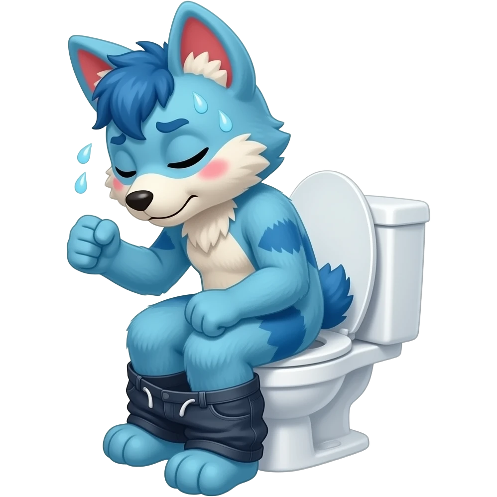blue fursuit sitting on toilet, pants down, side view , both fists , uncomfortable, squeezing, straining, sweating, red cheeks, eyes closed emoji