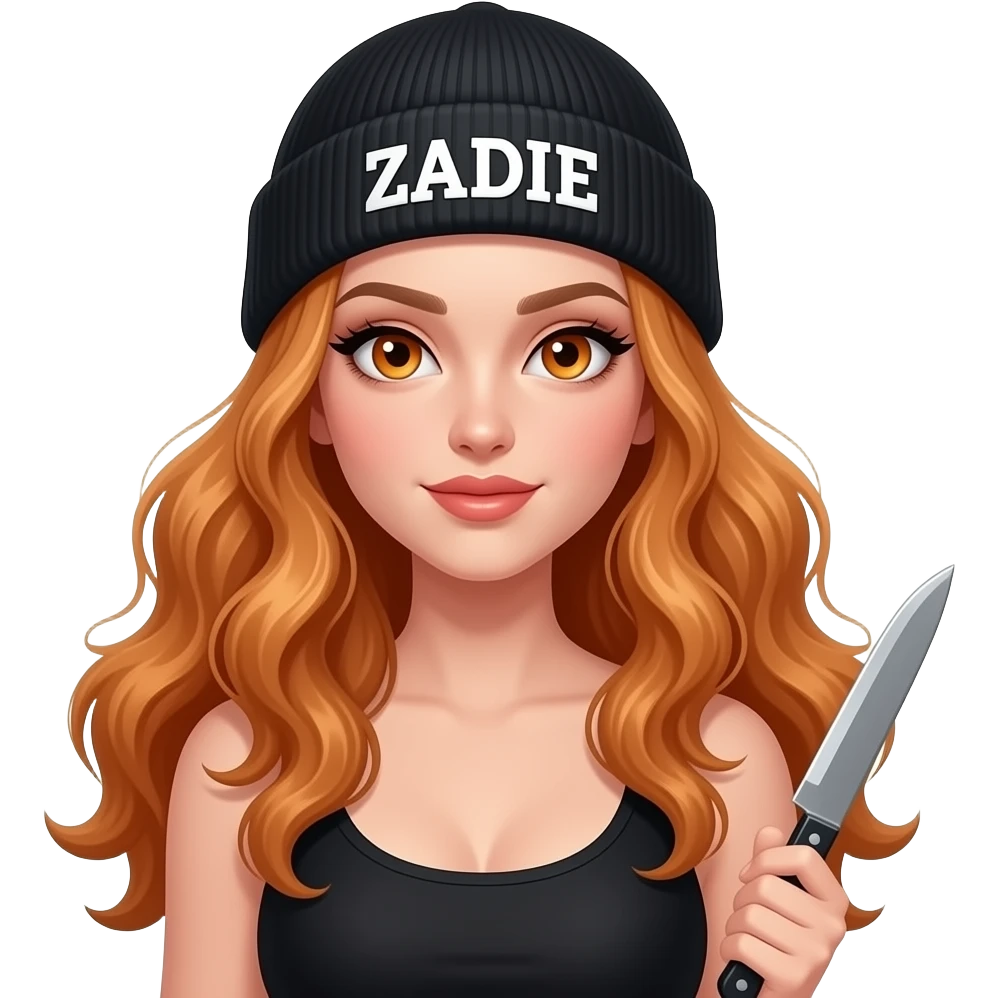 sexy girl with overlong wavy ginger hair and ginger eyes wearing a black tanktop and a black beanie with ZADIE written on it, is attacks with a knife emoji