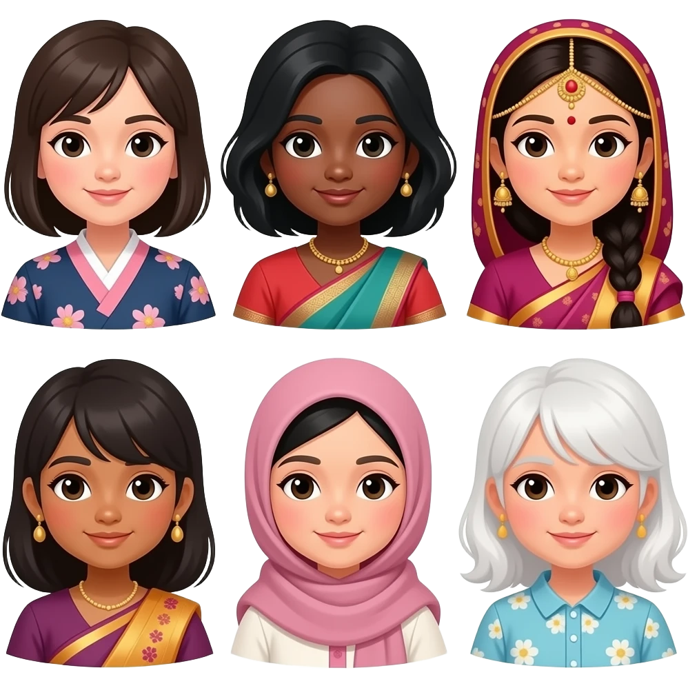 Make a Korean girl a Japanese girl a black girl two Indian girls one girl with a hijab and one German girl, and one more white girl profile emoji