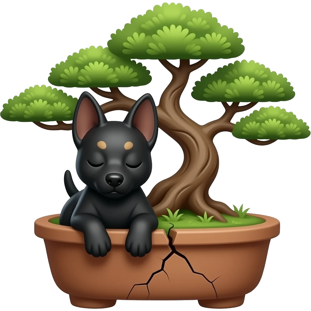 Comforting black fur Anubis tiny statuette puppy badly-cracked bonsai pot emoji