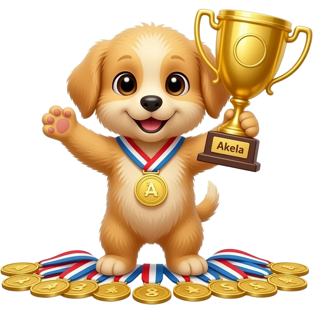 create images of a golden gold small puppy with aa golden trophy that says the word akela on it celebrating and a lot of medals emoji