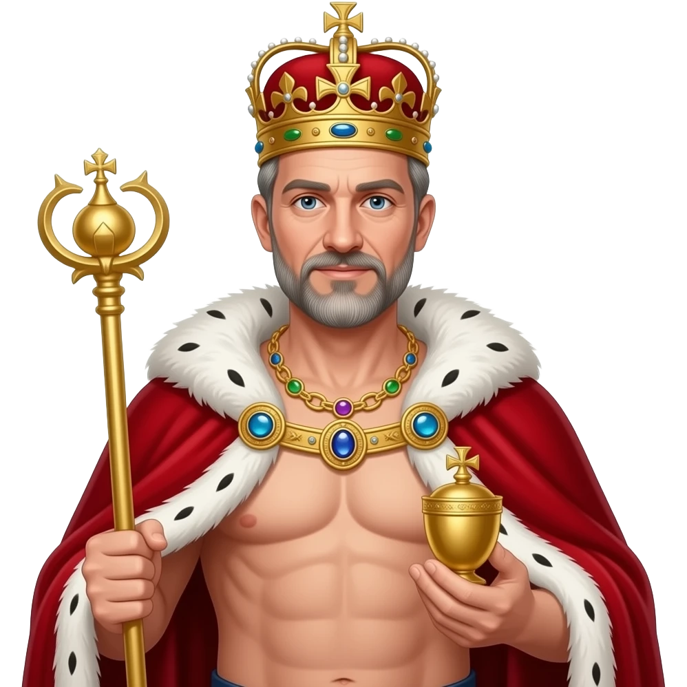 Portrait von einem König um die 40 mit leicht grauen Strähnen in den Haaren und Bart. er trägt eine prunkvolle königliche krone und Goldkette mit Edelsteinen. Er hat kein Hemd an aber ein weit geöffneter roter samt Umhang mit weißen Pelz. Mit Zepter und eine goldenen Reichsapfel in den Händen emoji