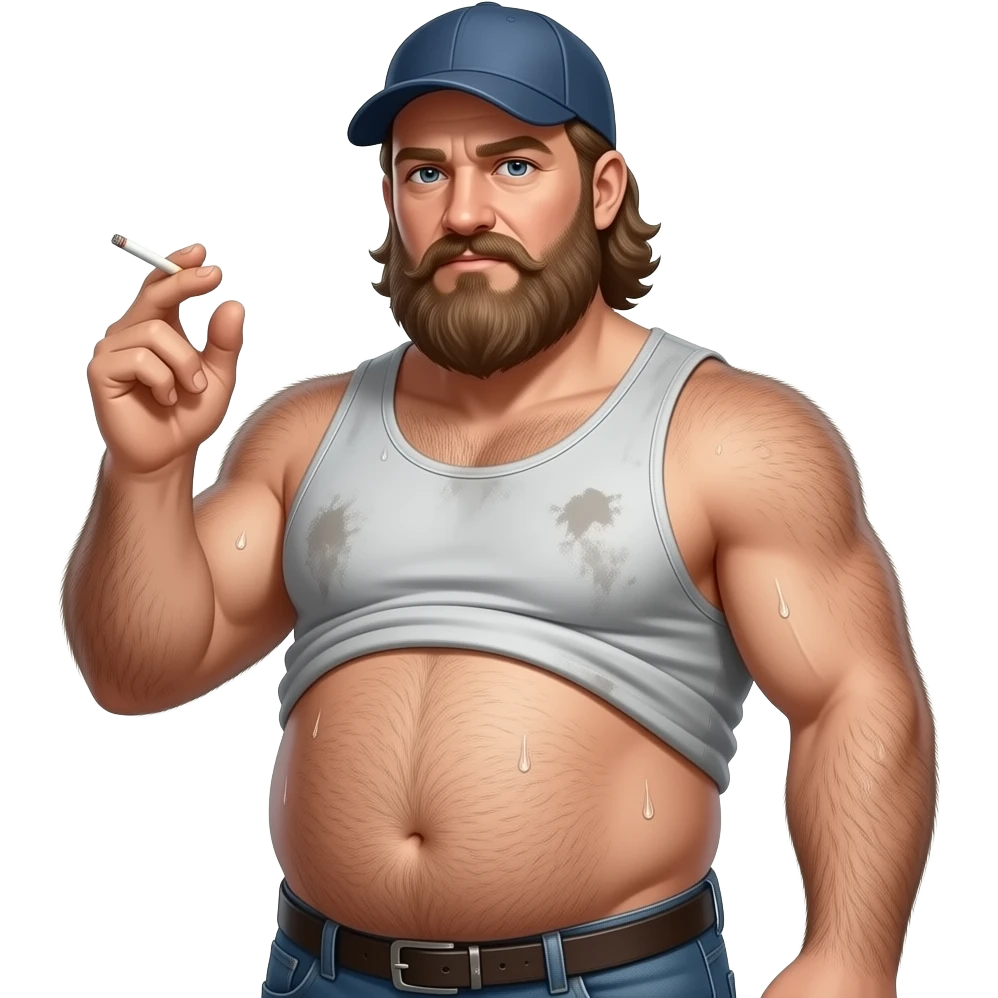Erstelle ein Portrait von einem nackten Trucker, Körper stark behaarten, ein über den Bauch gezogenes, verschwitztes hellgraues, dreckigen enges tangtop, wo der runde dicke Bauch raus hängt. er hat ein langen Bart und einen altes basecap und er hält eine Zigarette in der Hand emoji