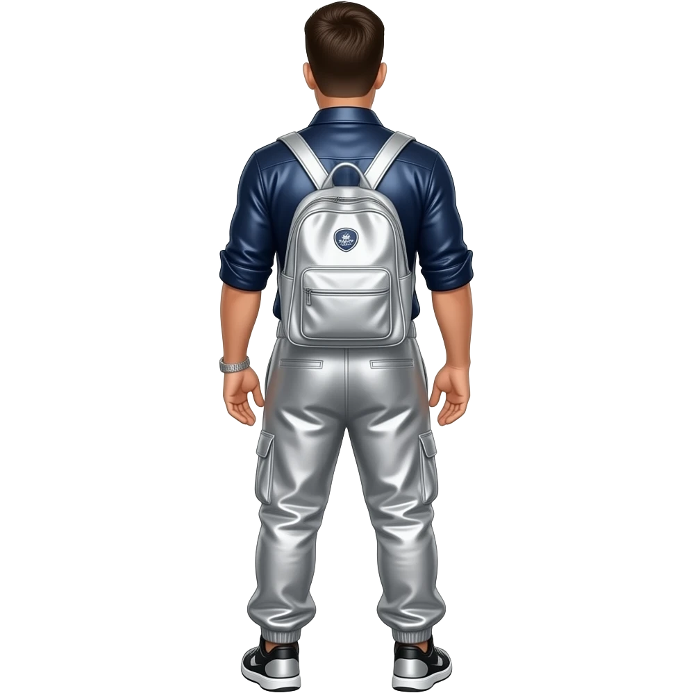 Joey Fatone from behind with navy metallic shirt, silver metallic baggy joggers emoji