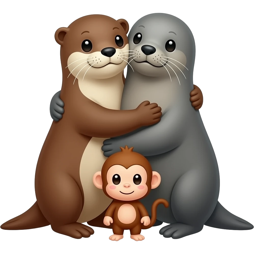 an otter and seal hugging with a little monkey infront of them emoji
