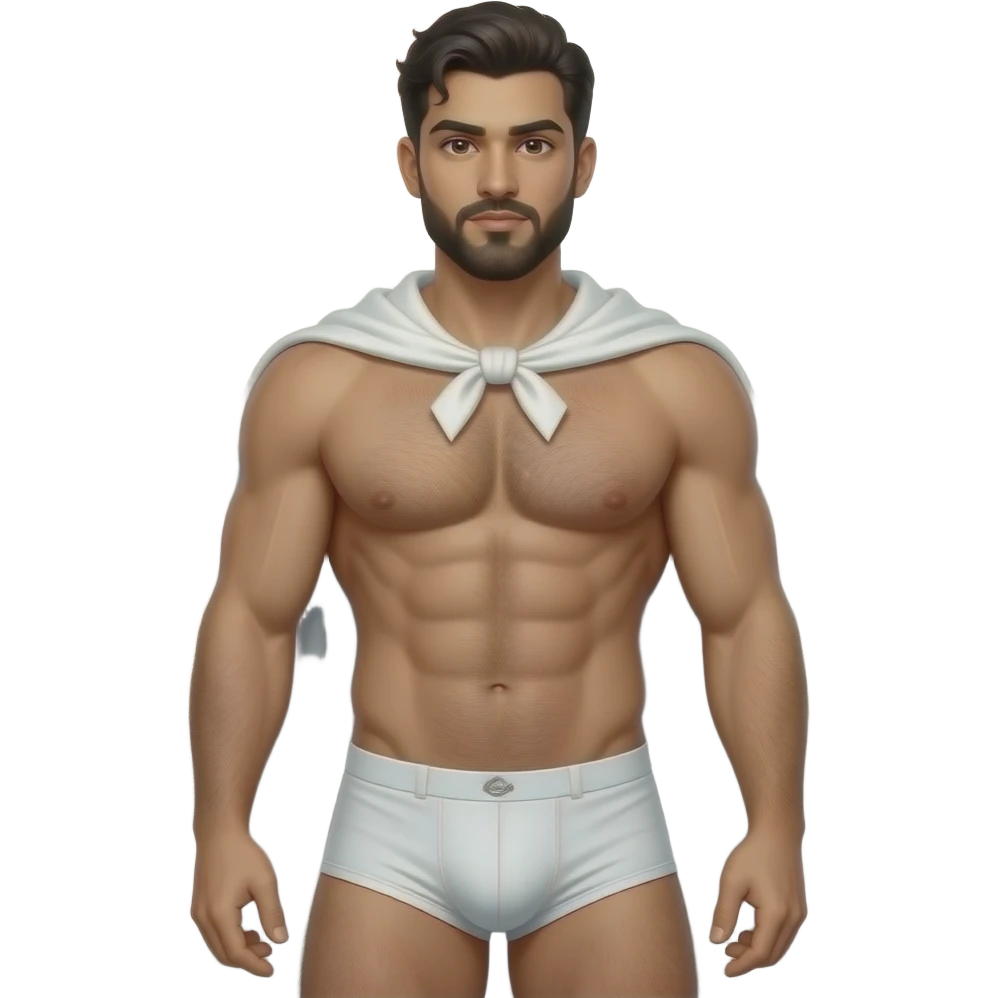 full body arabic-theme male superhero clothless figure with body hair and only white cape and muscular hairy build in thin, narrow underwear with bulge emoji
