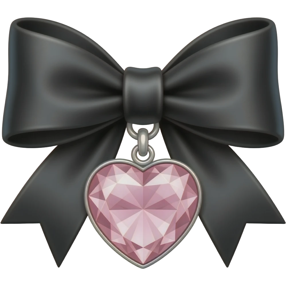 black satin ribbon bow with a heart shaped diamond pendant, aesthetic pastel pink, jewelry design. emoji