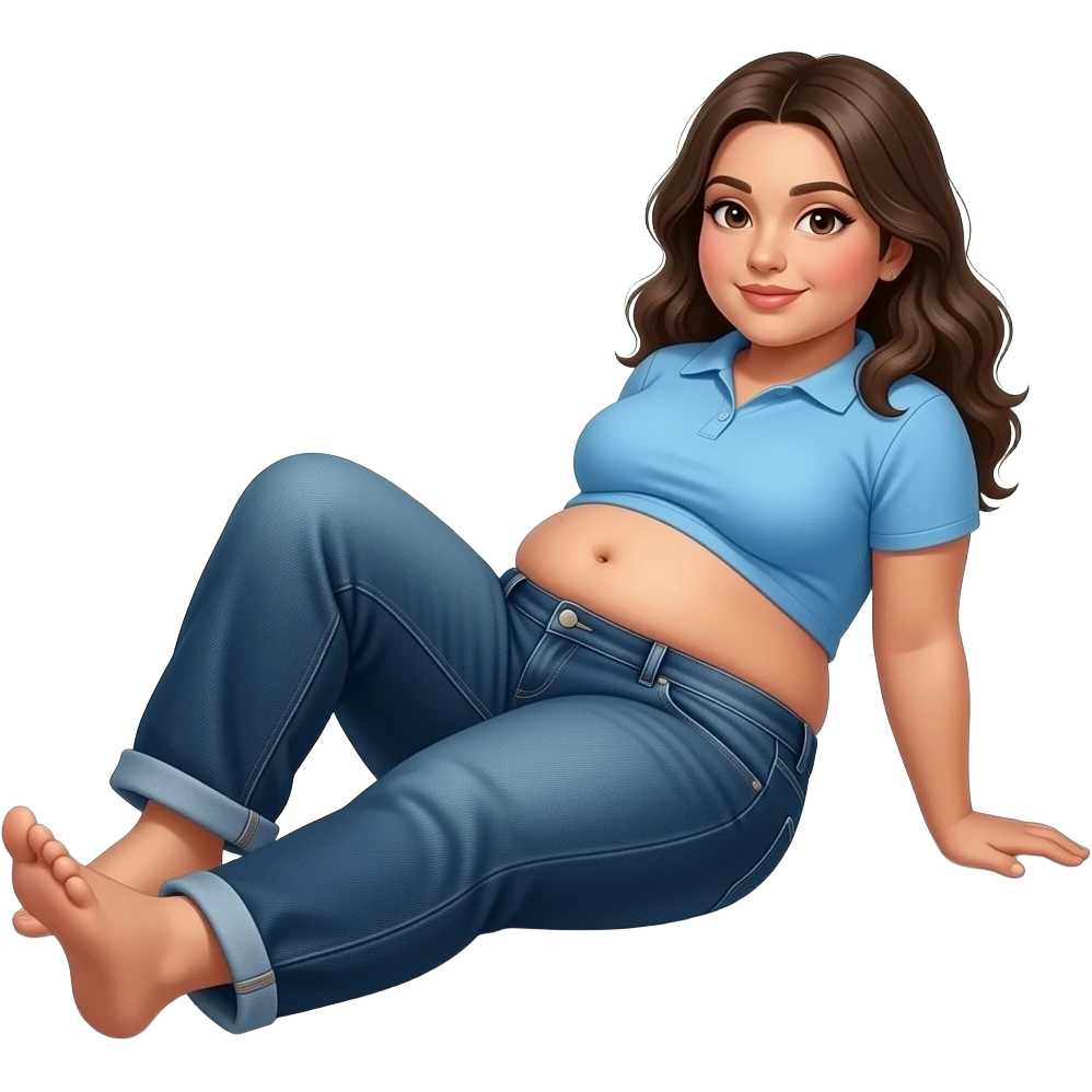 Obese Hispanic girl with brown hair and light blue and dark blue cropped polo with chubby belly button and dark blue baggy jeans laying down showing her feet emoji