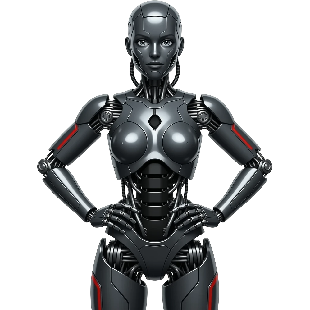 A mechanical woman made of dark gray steel with black and red markings,no human features, only robot features, entire body, sexy pose, robot face (fullbody) emoji