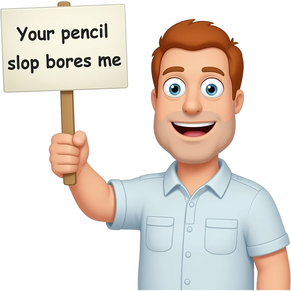 Peter griffin midjourney style cartoon holding up a sign saying, “Your pencil slop bores me” emoji