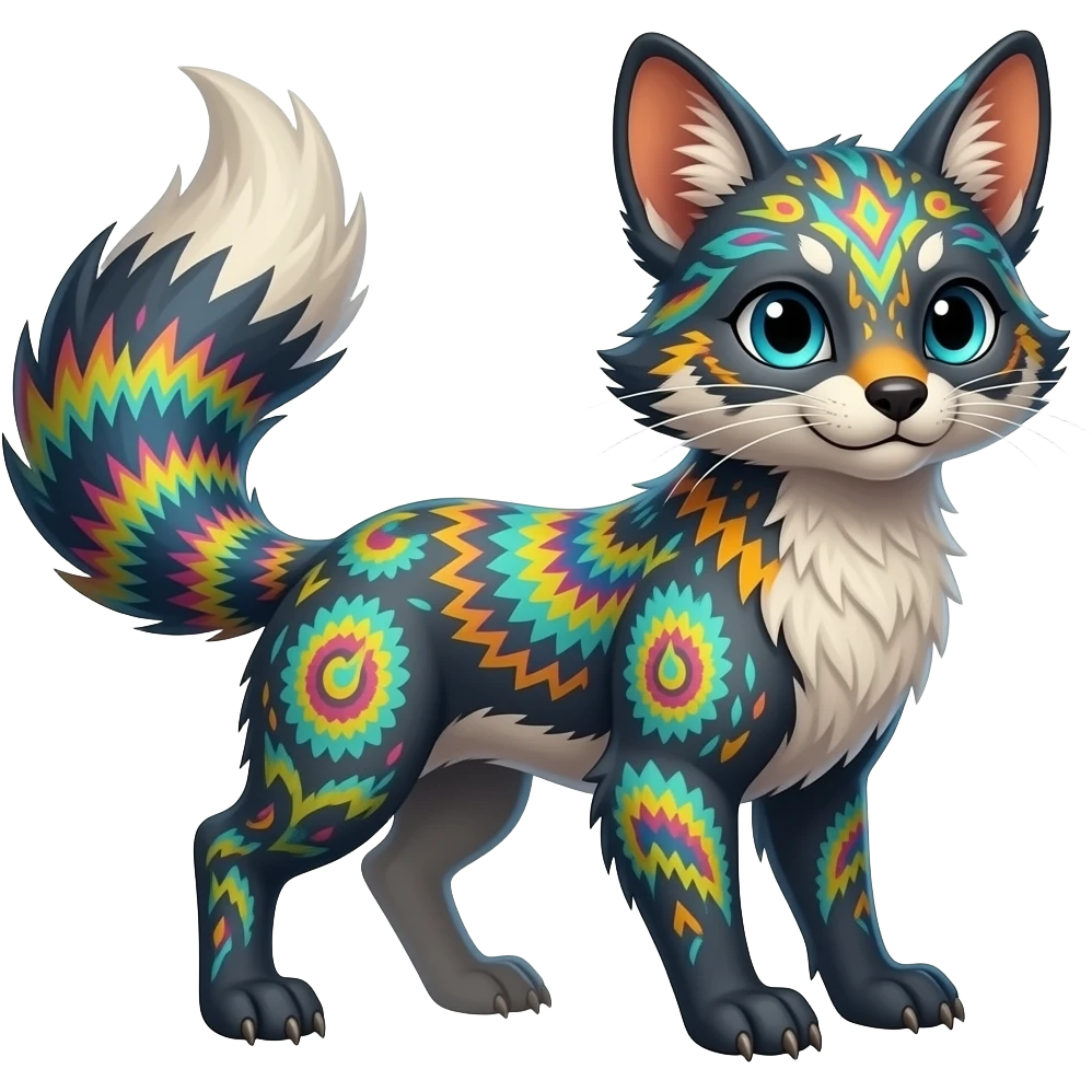 Feral Rare Fantasy vibrant tropical Vernid-Trico-species by LiLaiRa, random markings, tufted tail, tufted ears, full body emoji