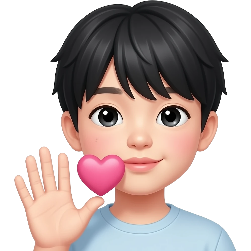 Sending kiss Cute Korean boy emoji, soft black straight bangs, pale skin, kissing lips, gentle round eyes, subtle mole under right eye, sending a pink heart near lips, glossy 3D Pixar-style render, realistic Korean idol vibe, face and hand only emoji