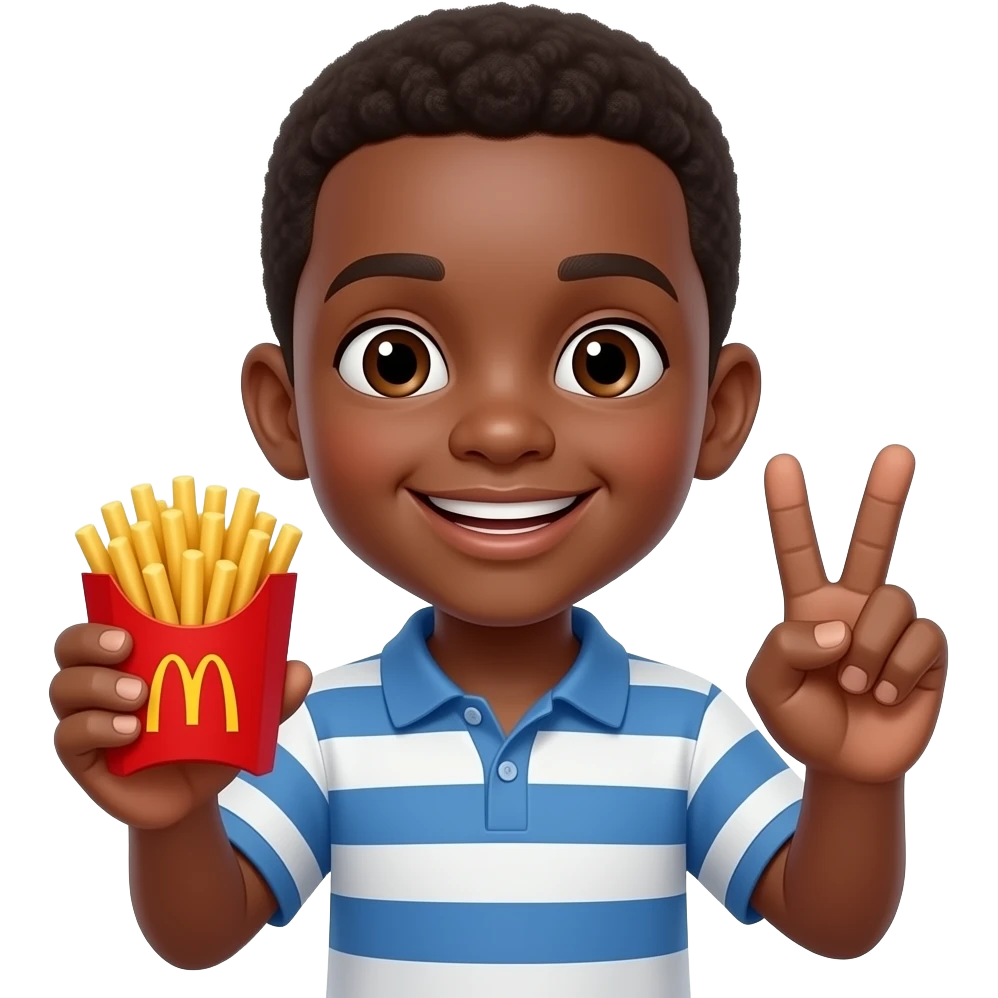 iPhone Boy emoji who’s black with mc Donald’s small fry in on hand and peace sign with other while smiling emoji