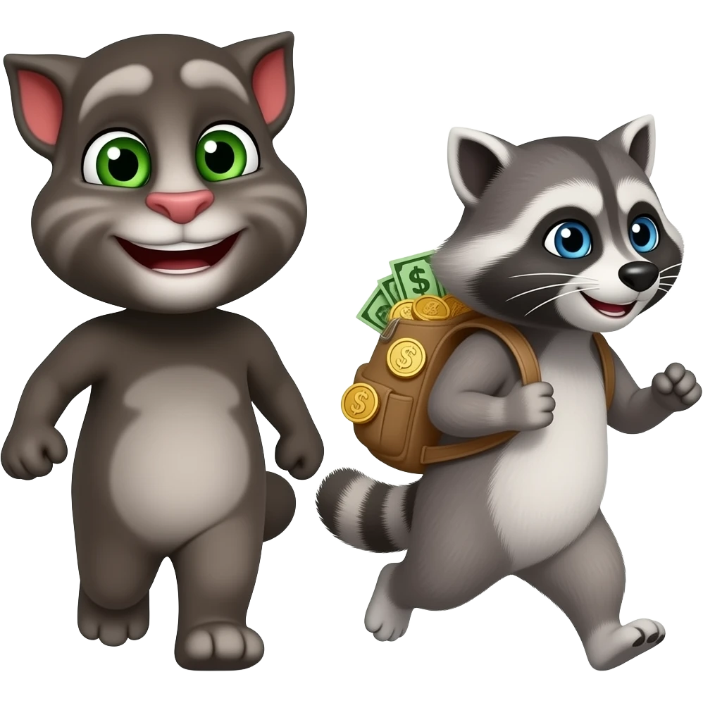 Mimi Talking Tom walking Mimi raccoon running money backpack with coin raccoon where are you emoji