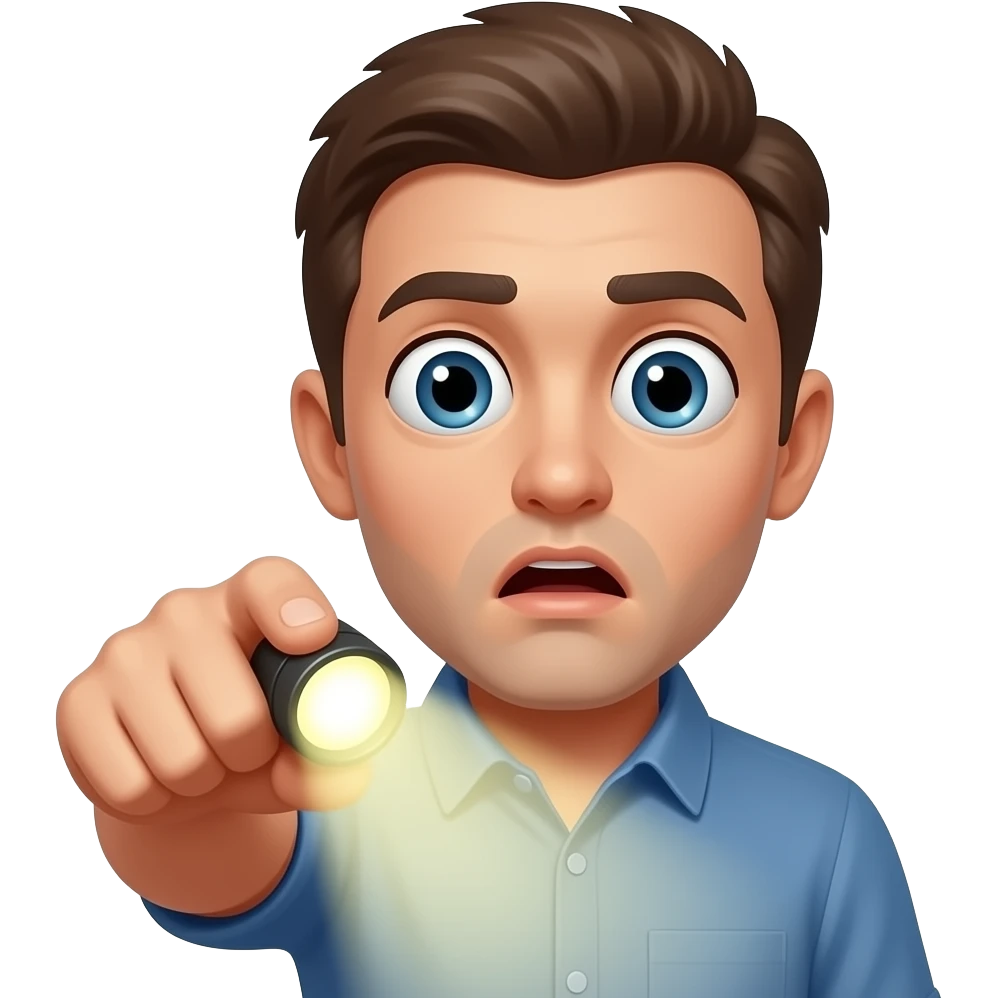 shocked emoji holding a small flashlight pointed directly at the viewer, giant curious eyes, glossy emoji style emoji