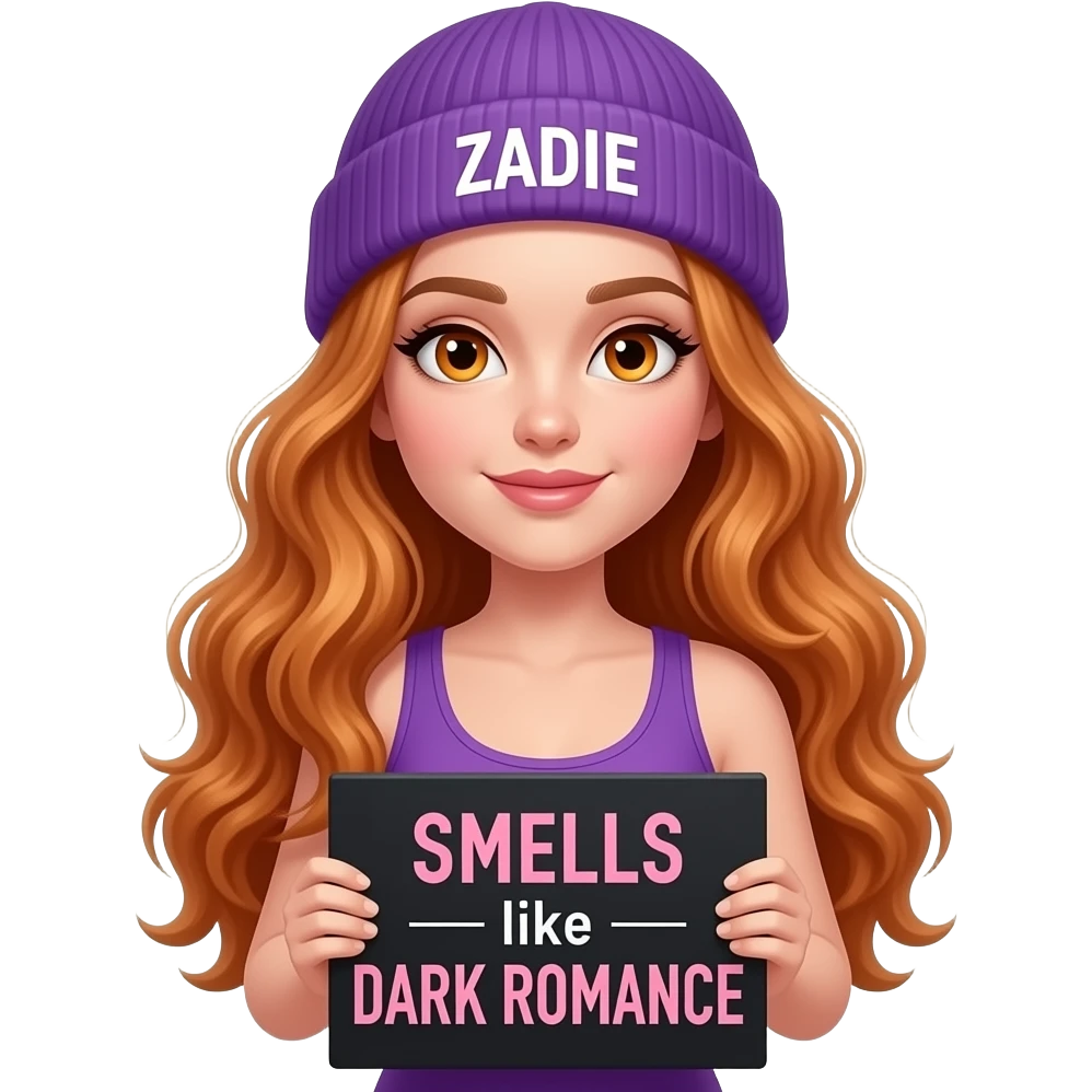sexy girl with overlong wavy ginger hair and ginger eyes wearing a purple tanktop and a purple beanie with ZADIE written on it, is holding a black sign with SMELLS like DARK ROMANCE written on it emoji