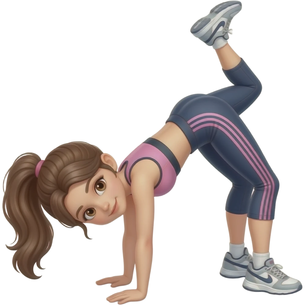 Girl with brown hair in a ponytail and brown eyes wearing workout clothes doing handstand emoji