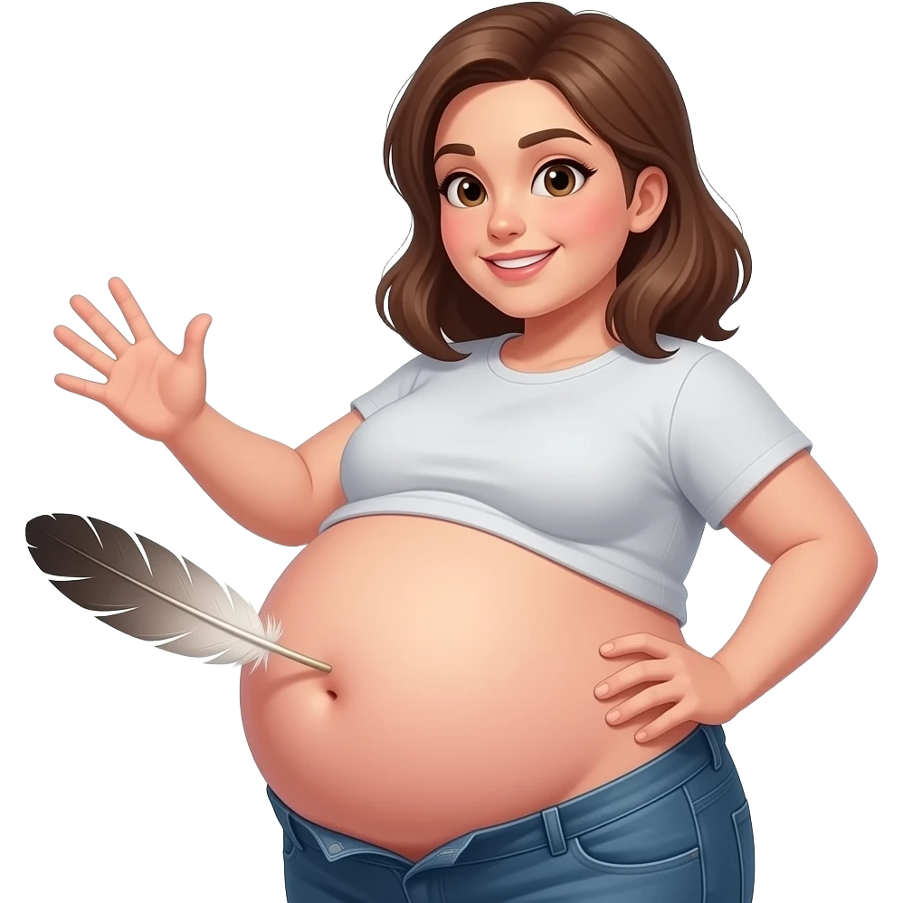 A girl with a huge bloated belly,now faces a battle with a feather that wants to tickle her bellybutton. emoji