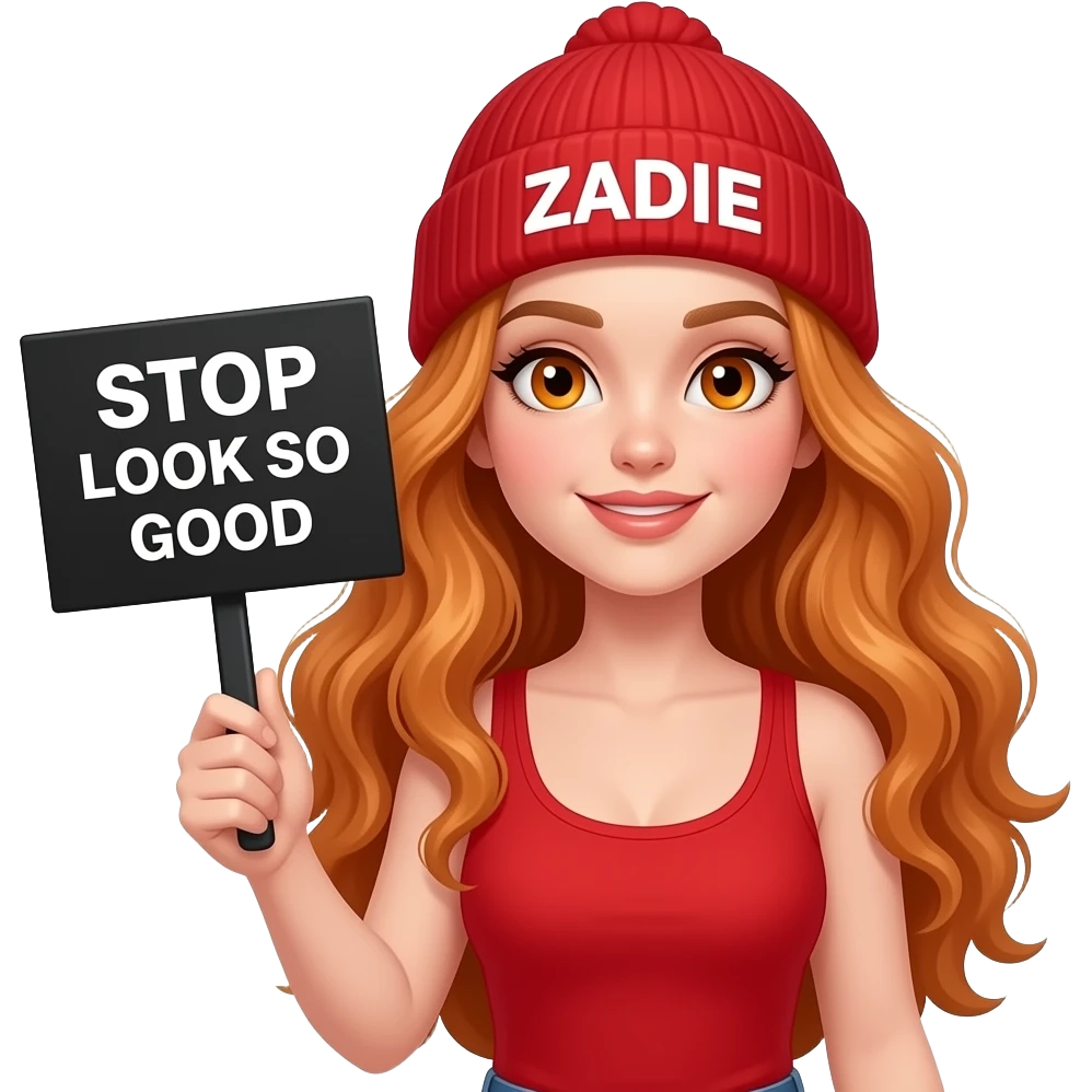 sexy girl with overlong wavy ginger hair and ginger eyes wearing a red tanktop and a red beanie with ZADIE written on it, is holding a black sign with STOP looking so good written on it emoji