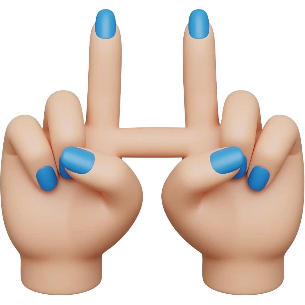 Dos manos simétricas frente a frente, índices levantados y dedos medios unidos horizontalmente formando una ‘H’, resto de dedos doblados, uñas largas azules, estilo emoji 3D de iPhone, fondo transparente, no gesto 🤞 emoji