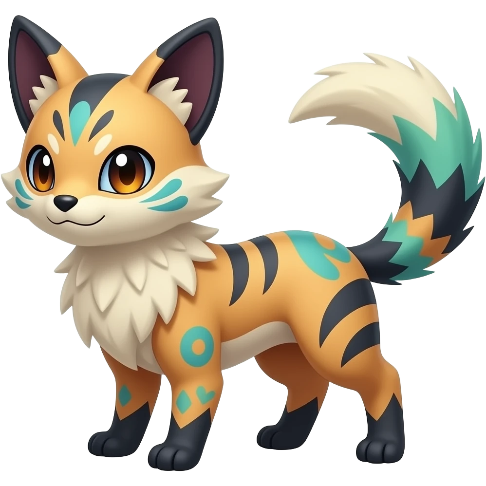 Colorful shiny smooth soft flurry edgy cool Civet-Trico-Sprigatito-Fennekin-Manectric-Vaporeon-Fakémon-hybrid with tribal markings emoji