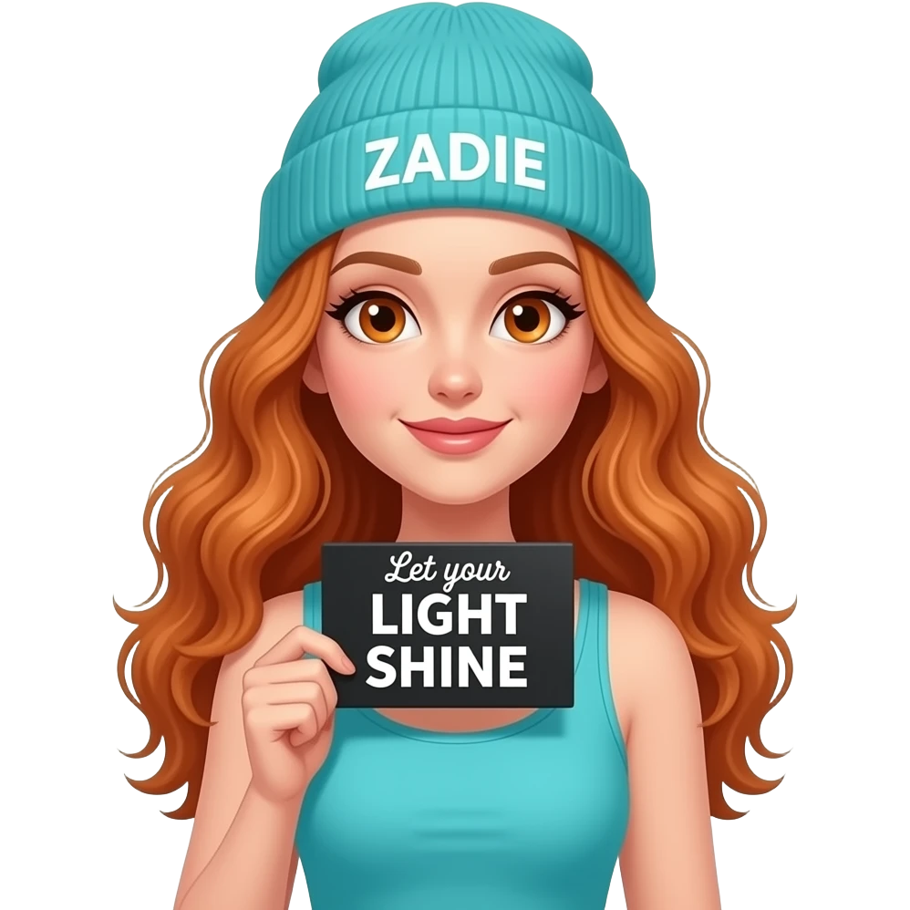 sexy girl with overlong wavy ginger hair and ginger eyes wearing a turquoise tanktop and a turquoise beanie with ZADIE written on it, is holding a black sign with Let your LIGHT SHINE written on it emoji