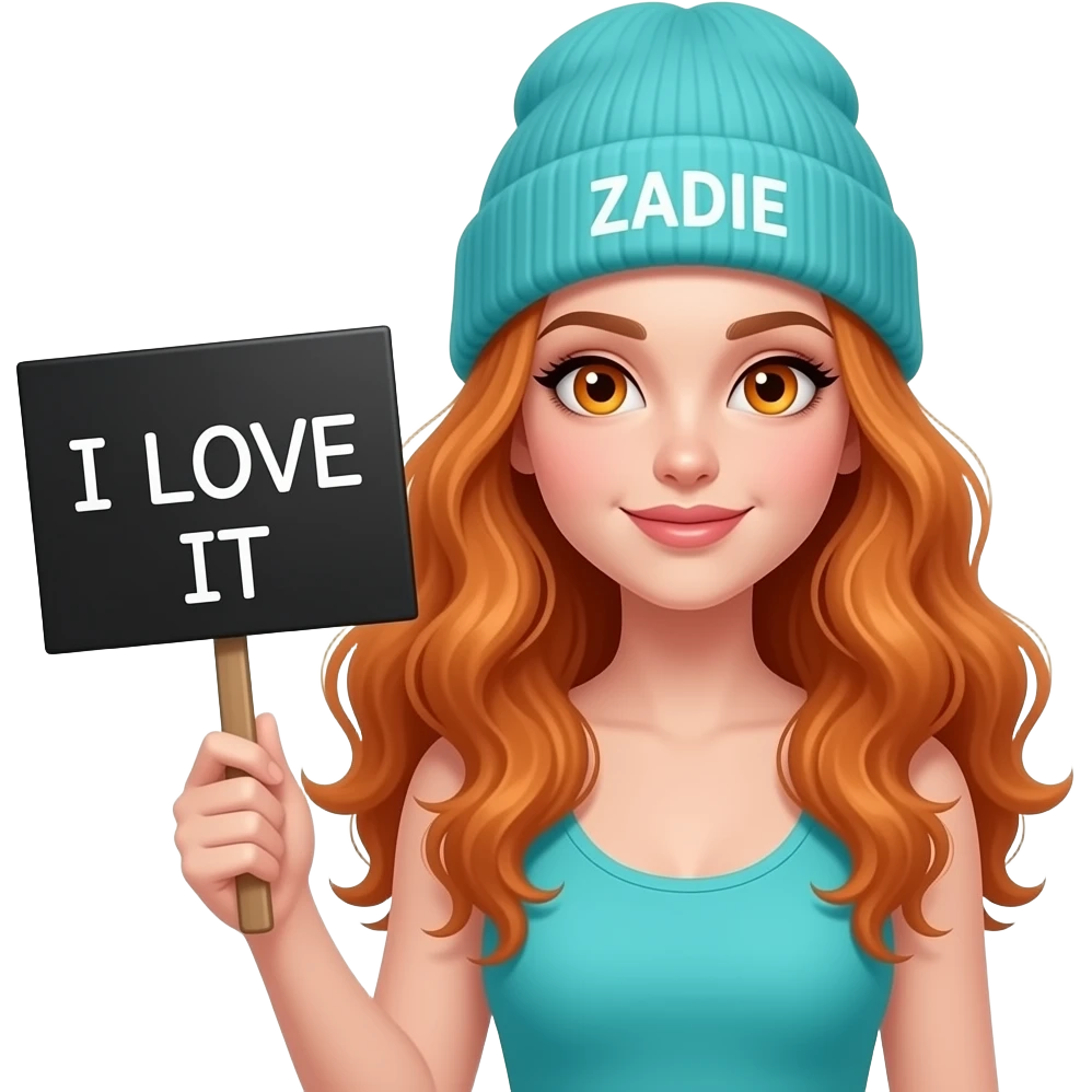 sexy girl with overlong wavy ginger hair and ginger eyes wearing a turquoise tanktop and a turquoise beanie with ZADIE written on it, is holding a black sign with I LOVE IT written on it emoji