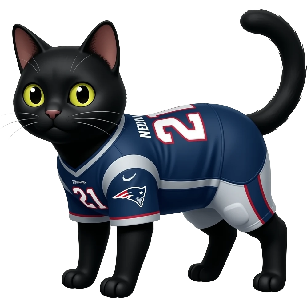 black cat standing on all fours wearing a #21 new england patriots jersey number 21 emoji