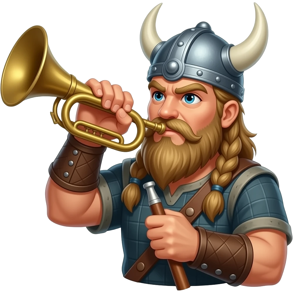 Dramic Viking blowing a large horn holding a pool cue emoji