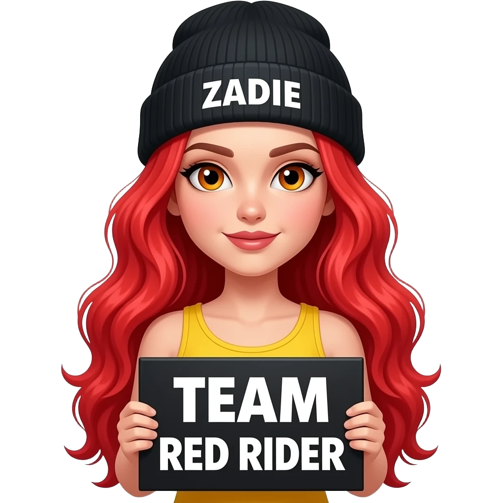 sexy girl with overlong wavy neon red hair and ginger eyes wearing a yellow tanktop and a black beanie with ZADIE written on it is holding a black sign with just TEAM RED RIDER on it emoji