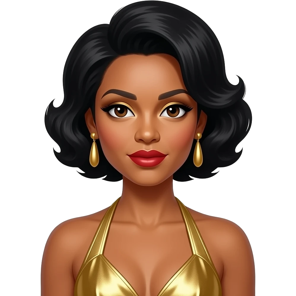 Kelly Rowland with dark brown eyes, black 60s beehive hair, gold eyeshadow, red lipstick, gold metallic halter dress, gold earrings emoji