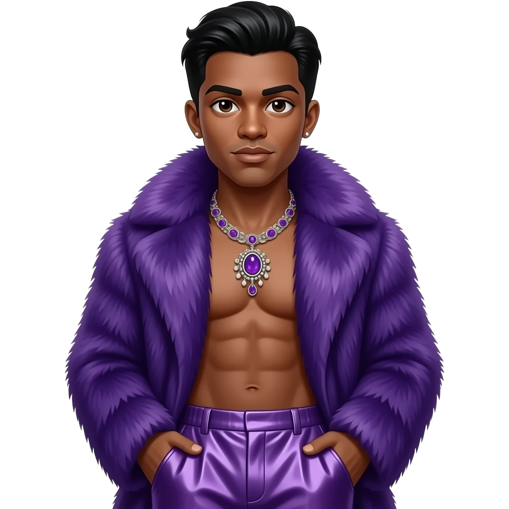 Prince Nelson Rogers with brown eyes, black hair, purple fur coat, purple metallic baggy pants, shirtless with necklace emoji