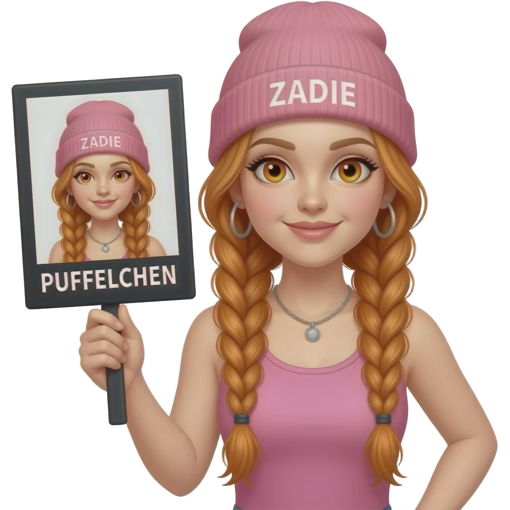 sexy girl with overlong ginger braids and ginger eyes wearing a pink tanktop and a pink beanie with ZADIE written on it, is holding a black sign with PUFFELCHEN on it emoji